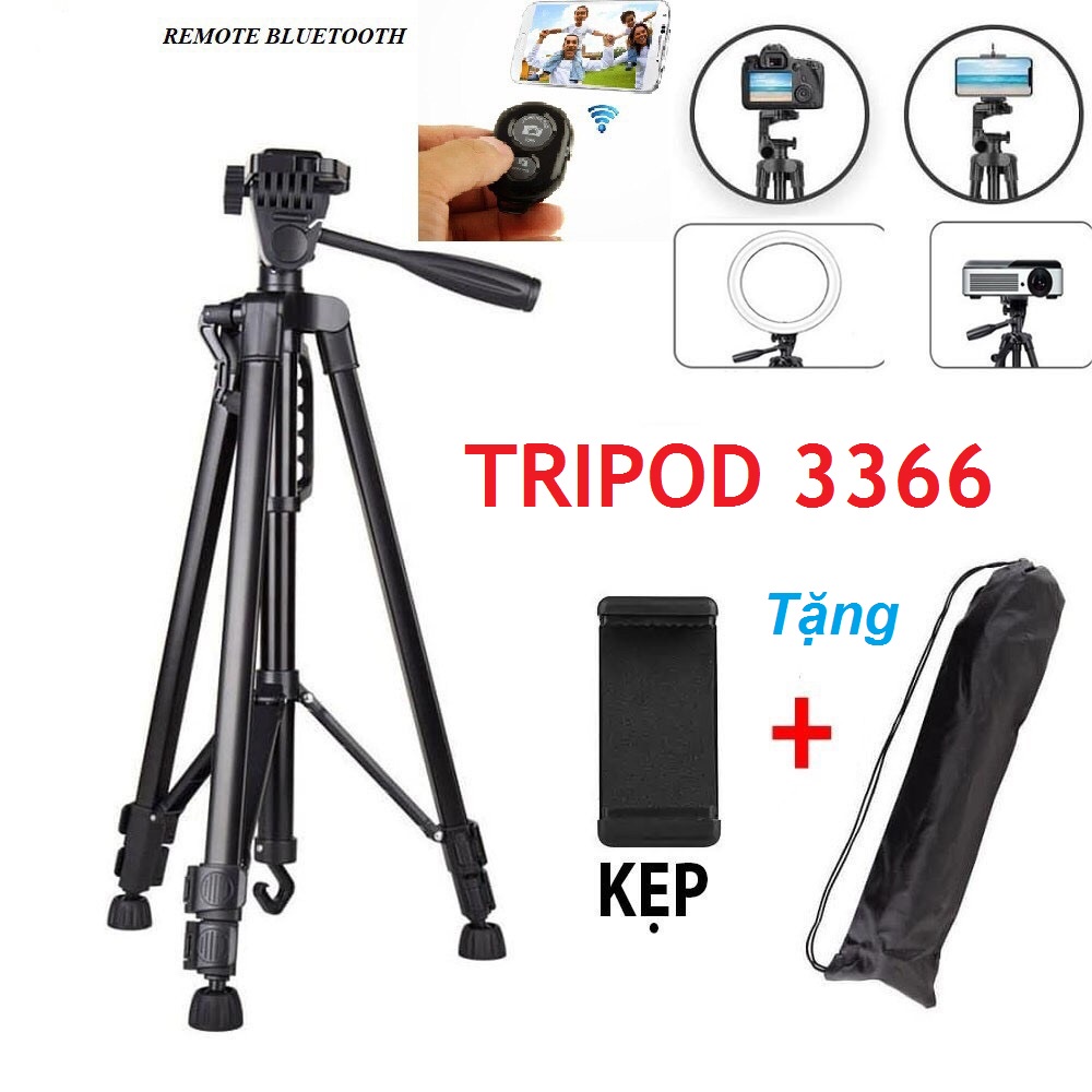 Gậy Tripod 3 Chân Cho Điện Thoại Và Máy Ảnh 3366 Cao Cấp - Tặng Kèm Đầu Kẹp Điện Thoại Và Remote Bluetooth