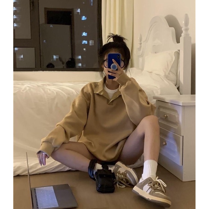 [Ảnh thật/Video] Áo Hoodie trơn tay bồng, Áo Hoodie cổ Polo dài tay phong cách Hàn Quốc - Dorita Boutique