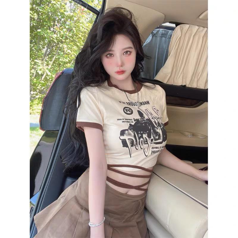 Áo Croptop Body Tay Ngắn ALOHASHOP91 Dáng Ôm Dây Đan Eo In Hình XINH XẮN