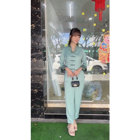 Đồ lam đi chùa lụa cao cấp, thời trang nữ, đồ bộ đi chùa, la hán phối