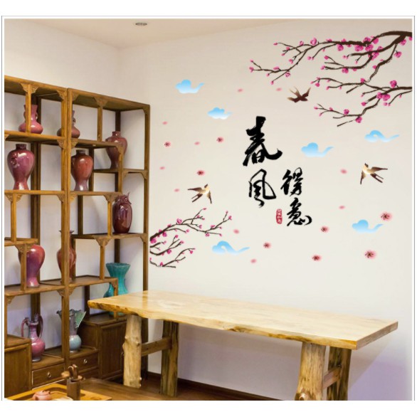 Decal trang trí tường Cây hoa anh đào và chữ