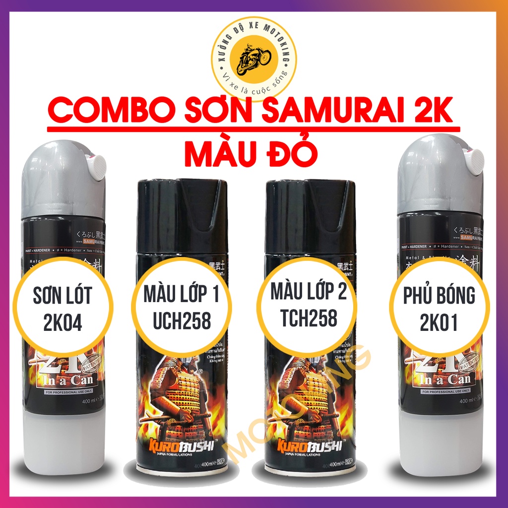 Combo Combo sơn samurai màu đỏ UC + TCH258  loại 2K chuẩn quy trình độ bền 5 năm gồm 2K04 - UCH258 - TCH258 -2k01