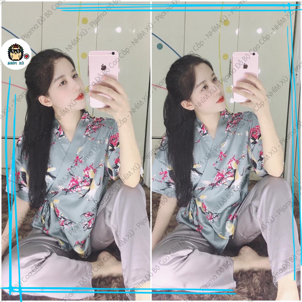 Đồ Bộ Ngủ Pijama Kimono Mặc Nhà Áo Tay Ngắn Quần Dài Vải Satin Cao Cấp Đào Hạc