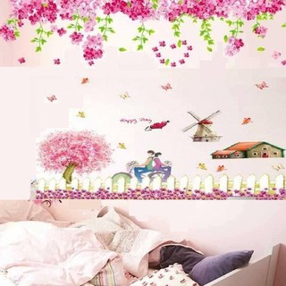 decal dán tường combo 2 bức kết hợp hoa anh đào chân tường cỗ xe uyên ương