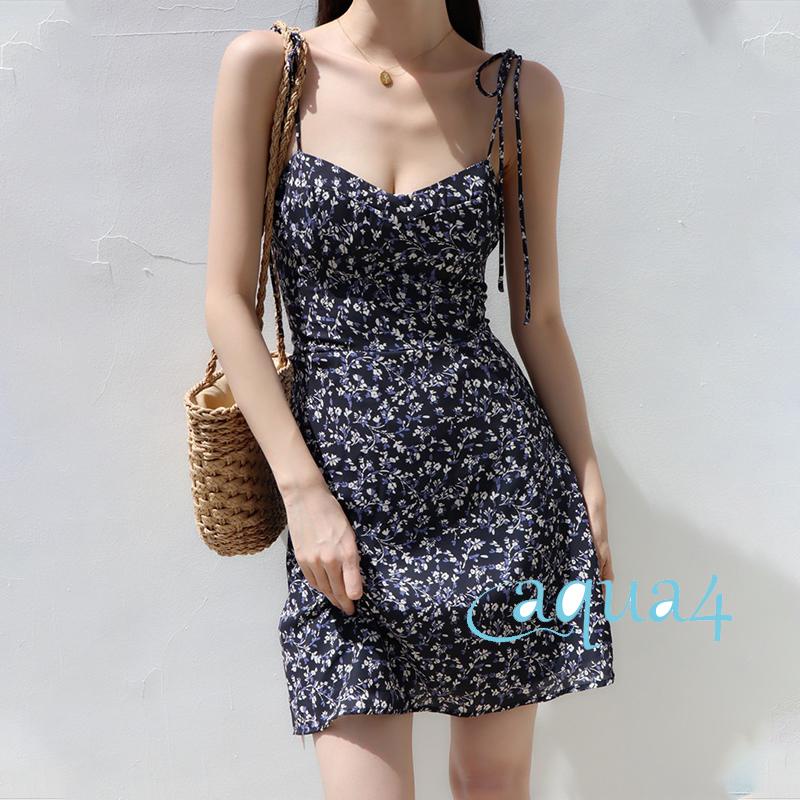 ANANA-Women Tie-up A-line Dress, Slim-fit Backless Floral Print V-neck Spaghetti Strap One-piece