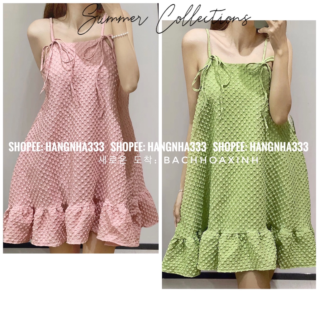NEW || Đầm babydoll 2 dây cột nơ chất Xốp 3D cao cấp Form chữ A cực sang chảnh trendy