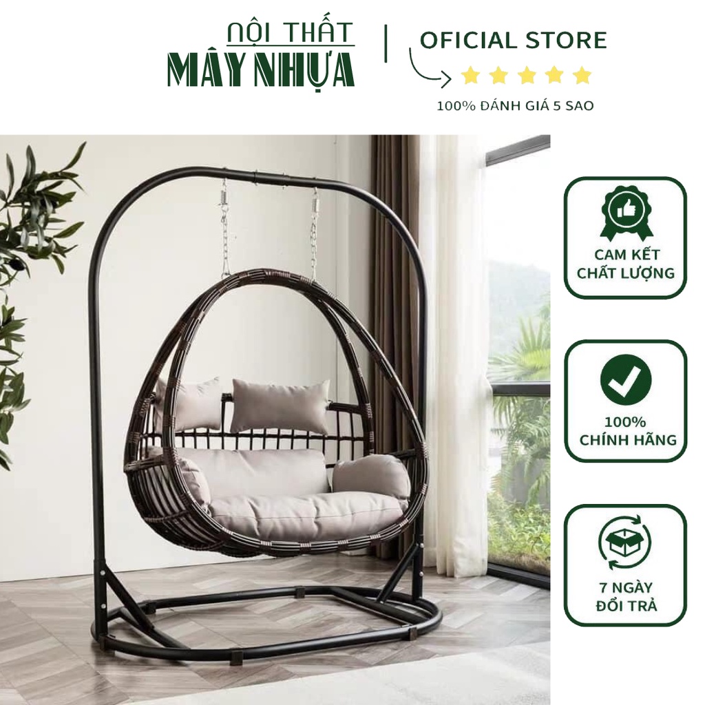 Xích Đu Phượng Hoàng Bo Cạp Đôi Đen Khung Sắt Sơn Tĩnh Điện Cuốn Mây Nhựa Cao Cấp
