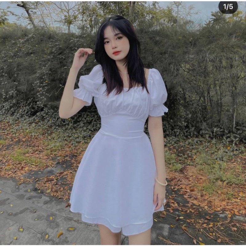 Váy trắng tiểu thư xòe 2 tầng cổ vuông rúm ngực buộc eo- Đầm nữ trễ vai tay bồng chất thô mềm phong cách hàn quốc