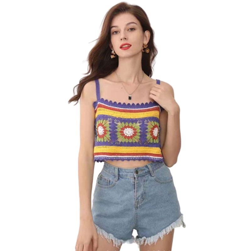 Áo Croptop Đan Len Thêu Hoa Nhiều Màu Sắc Phong Cách Boho Thời Trang Đi Biển Cho Nữ