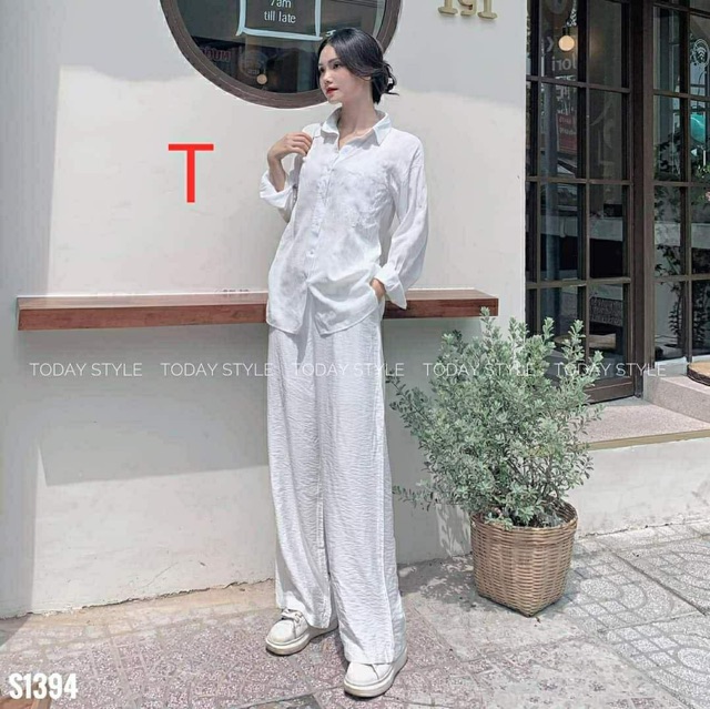 Sét bộ áo sơ mi trơn+quần đũi rộng TTB877