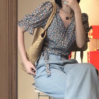 Áo croptop hoa nhí xanh thắt nơ eo dễ thương ulzzang + Kèm Ảnh Thật