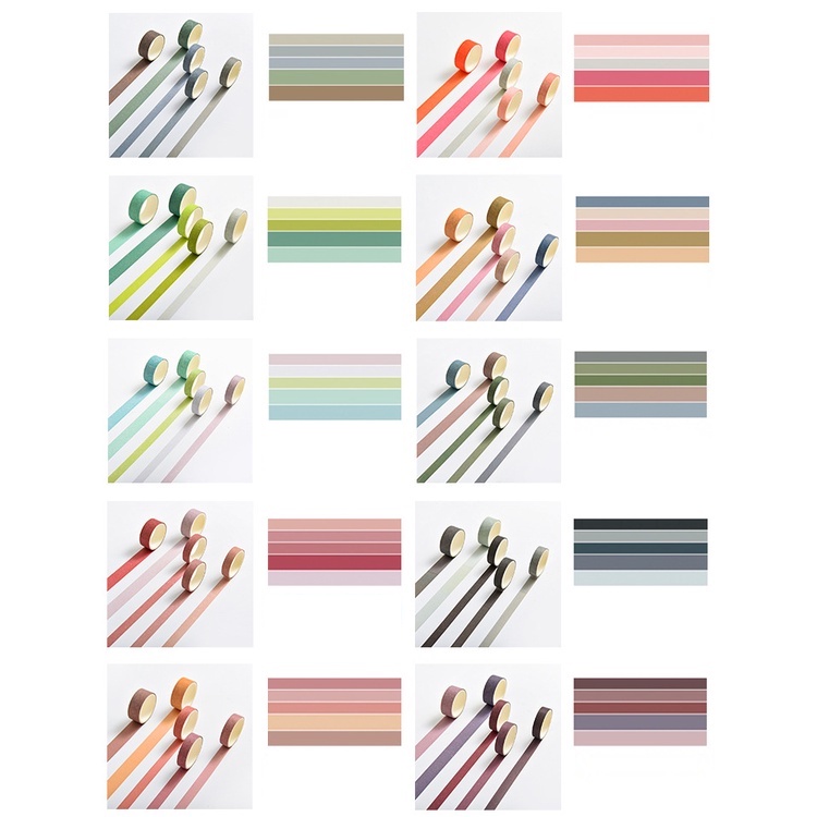 Washi tape vintage set 5 cuộn băng dính nhiều màu sắc dùng trang trí đa năng, sổ bullet journal