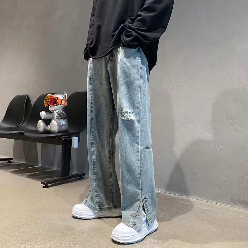 Quần jeans Dài Lưng Cao Ống Rộng Rách Gối Thời Trang Hàn Quốc Cho Nam Nữ Thư thêu quần jean unisex Quần jean thẳng chất lượng