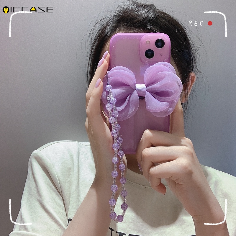 Ốp Điện Thoại TPU Mềm Màu Kẹo Trong Suốt Gắn Nơ Có Dây Đeo Cho iPhone 13 12 12 11 Pro Max XS Max XR X