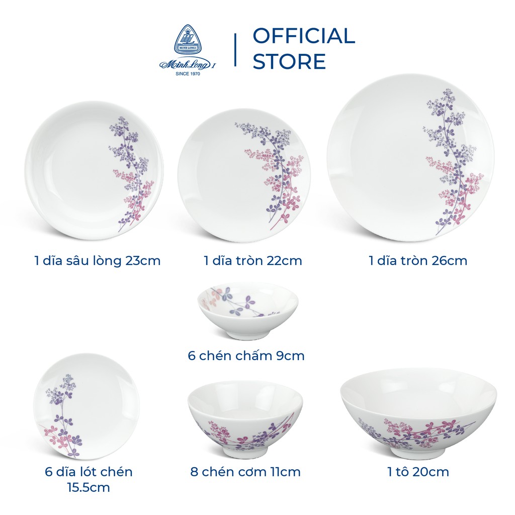 Bộ Chén Dĩa Sứ Cao Cấp Minh Long Daisy 24 Sản Phẩm - Cỏ Tím