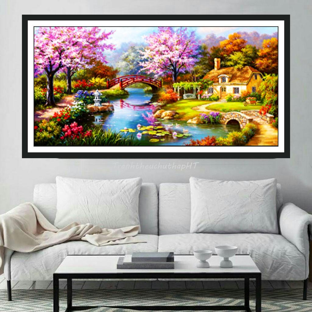 Tranh thêu chữ thập ngôi nhà tổ ấm thêu kín toàn tranh KT:180x90cm, Tranh chưa thêu và chưa khung. Tặng kéo và sỏ chỉ.