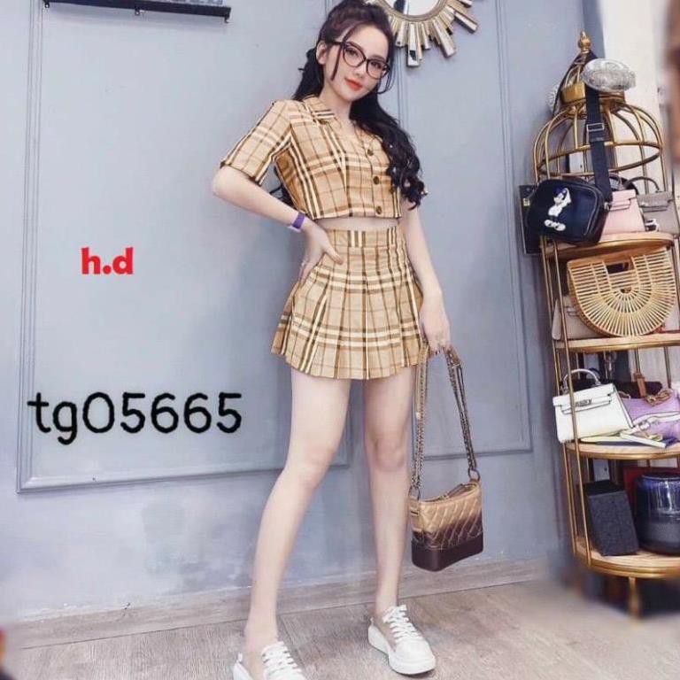 [Hàng Sẵn] Sét Đồ Bộ Váy sọc caro + áo cổ vest dáng croptop; chân váy xếp ly dáng ngắn trên gối Vintage