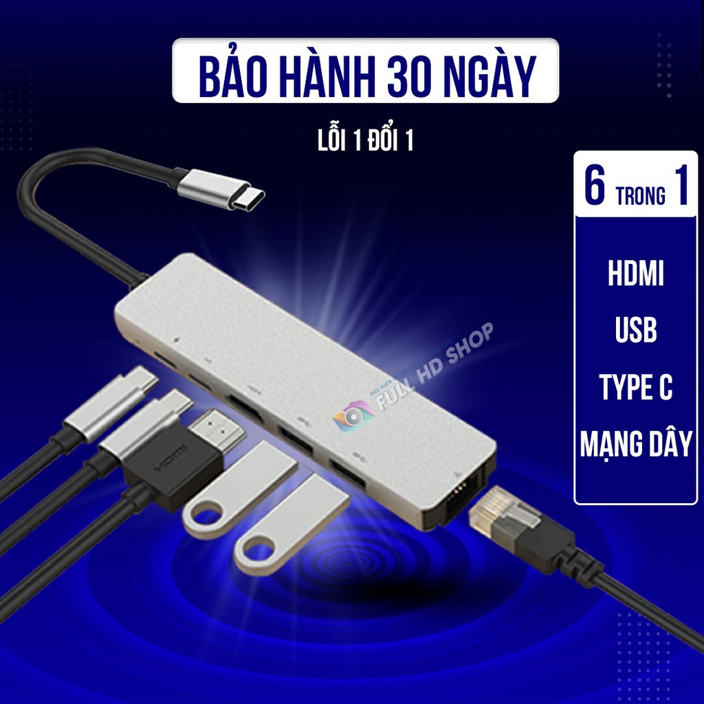 Cổng Chuyển Đổi Type C Sang USB/Mạng dây/HDMI/Type C Phụ Kiện Macbook Chia Cổng 6 trong 1 Full HD Shop Mã HD15