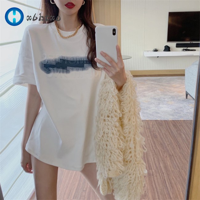 esf Women  T-shirt Three-dimensional Foaming Printing White Top Mid-length Loose Short-sleeved Shirt