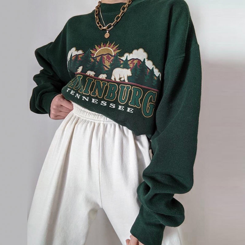 Áo sweater kiểu chui đầu dáng rộng mỏng in hình thời trang xuân thu phong cách Retro