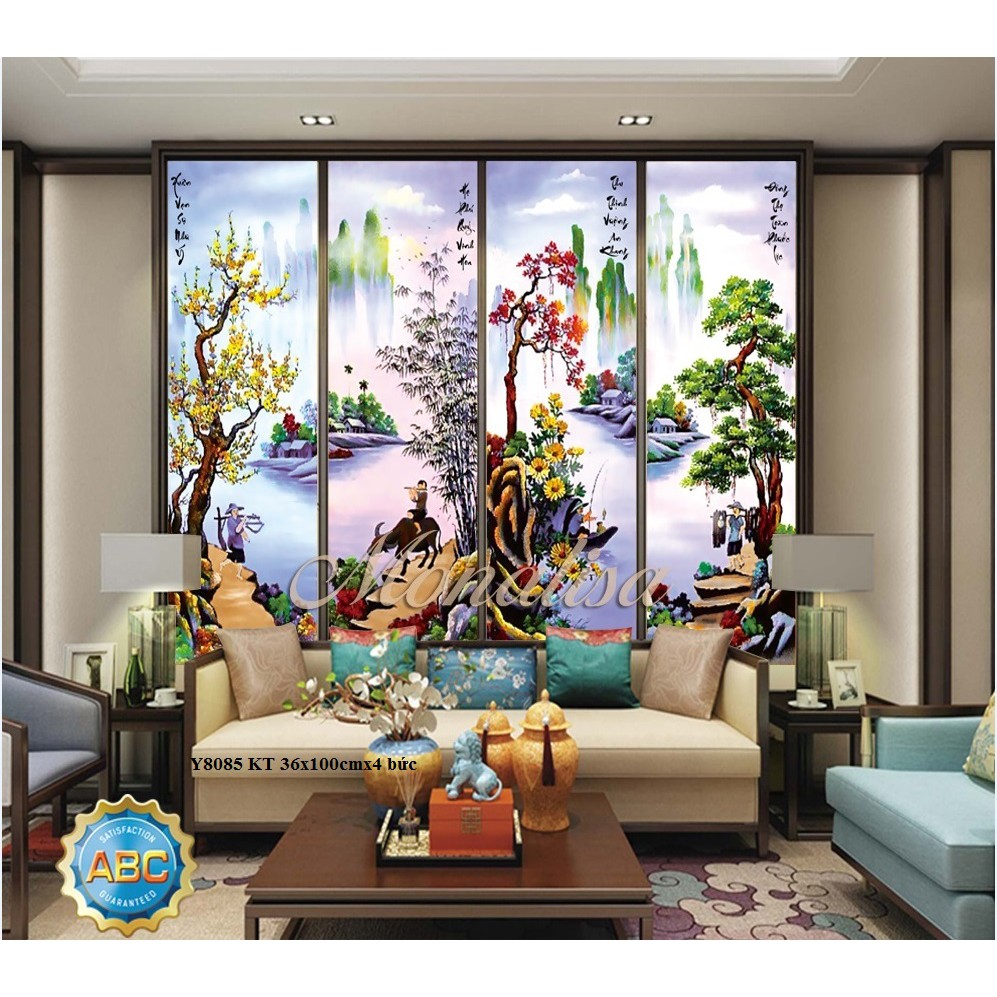Tranh đính đá tứ quý xuân hạ thu đông KT:36x100x4 bức. Tranh gắn đá tự đính.