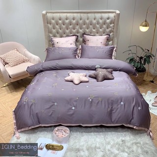 set LỤA CHÒM SAO HẠNH PHÚC tím bộ Chăn Ga Gối cưới  Lụa thêu cao  cấp