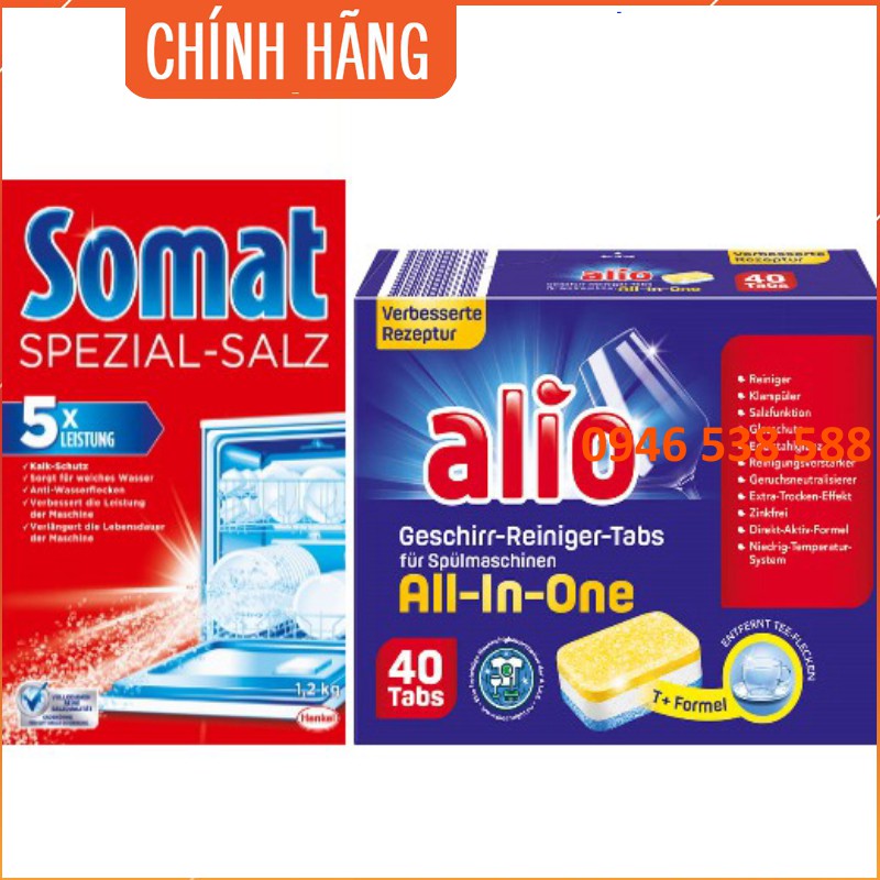 Combo viên rửa bát Alio 40 viên + muối rửa bát somat 1.2kg dùng cho máy rửa bát