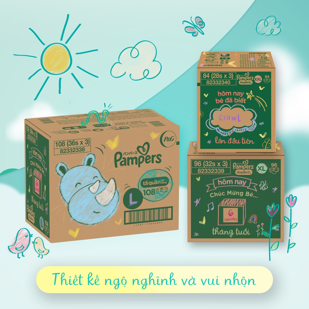 Thùng Tối Ưu Phí Vận Chuyển 3 Gói Tã Quần PAMPERS Giữ Dáng Pampers L108/XL96/XXL84