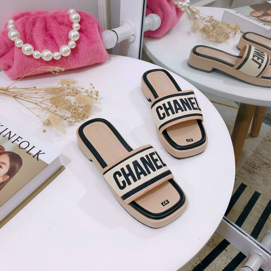 Dép nữ quai ngang đế bọc mũi vuông cao 2f chất canvas siêu êm phong cách Hàn Quốc