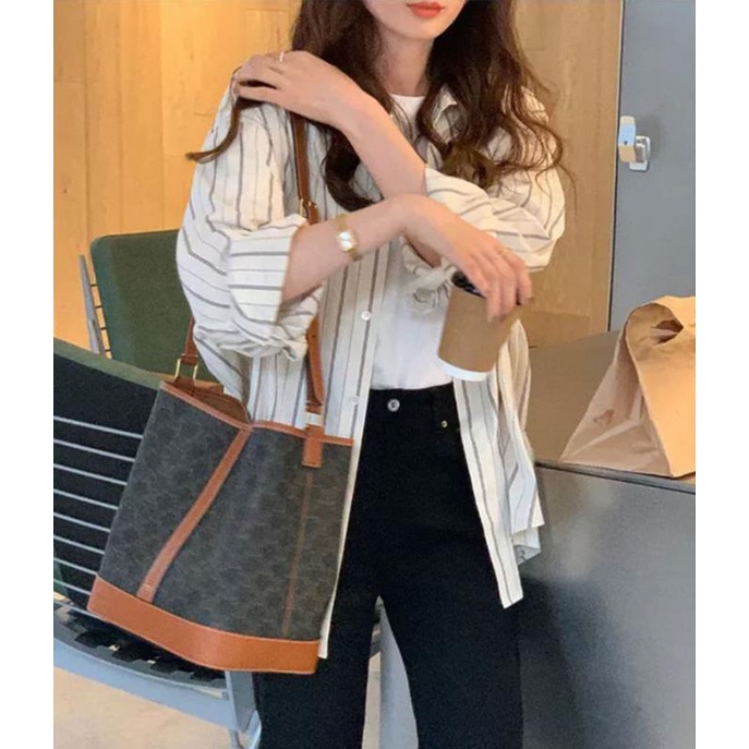 Áo Sơ Mi Tay Dài Dáng Rộng Họa Tiết Kẻ Sọc Phong Cách Vintage Mới