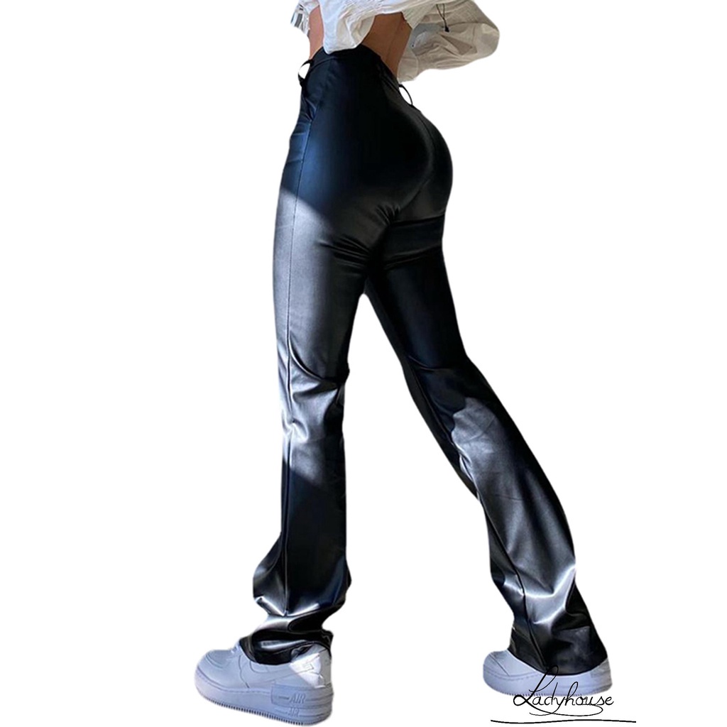 Quần da PU ống rộng lưng cao phối túi thời trang cho nữ