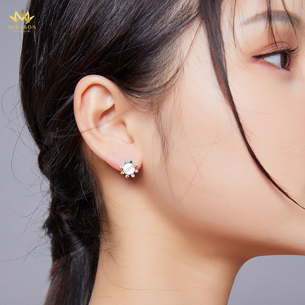 Khuyên Tai Bạc Nữ MIRASON Bông Hoa LOVE Đính Đá Sắc Màu MBT175