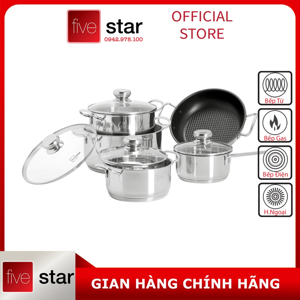 Bộ Nồi 5 Đáy Cao Cấp Bếp Từ Fivestar FSB55D001 Nắp Kính Inox 430 ( 1 quánh16cm x  N18cm x  N20cm x N24cm x C 24cm )