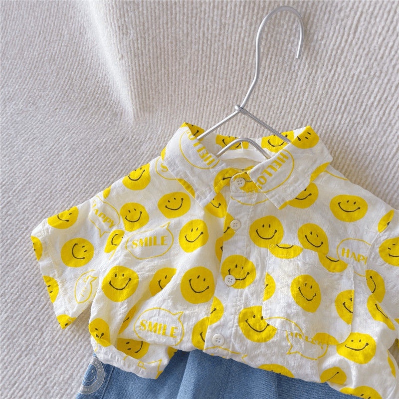 Áo Sơ Mi Tay Dài In Hình Mặt Cười Phong Cách Phương Tây Thời Trang Mùa Hè Cho Bé Trai Và Gái