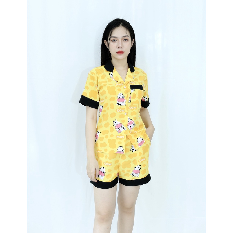 [HÌNH THẬT 100%]  Bộ đồ bộ ngắn MÀU VÀNG CON THÚ CỰC XINH  - vải siêu lụa  - Cực Kì Sang Chảnh