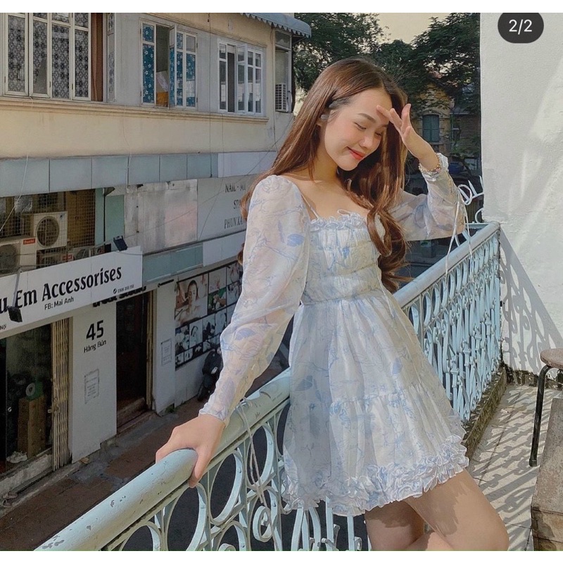 Đầm Hoa Xanh Bo Thun Ngực Thắt Nơ 🦋FREESHIP🦋