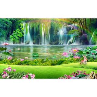 Tranh dán tường 3D thác nước - Vải lụa phủ kim sa