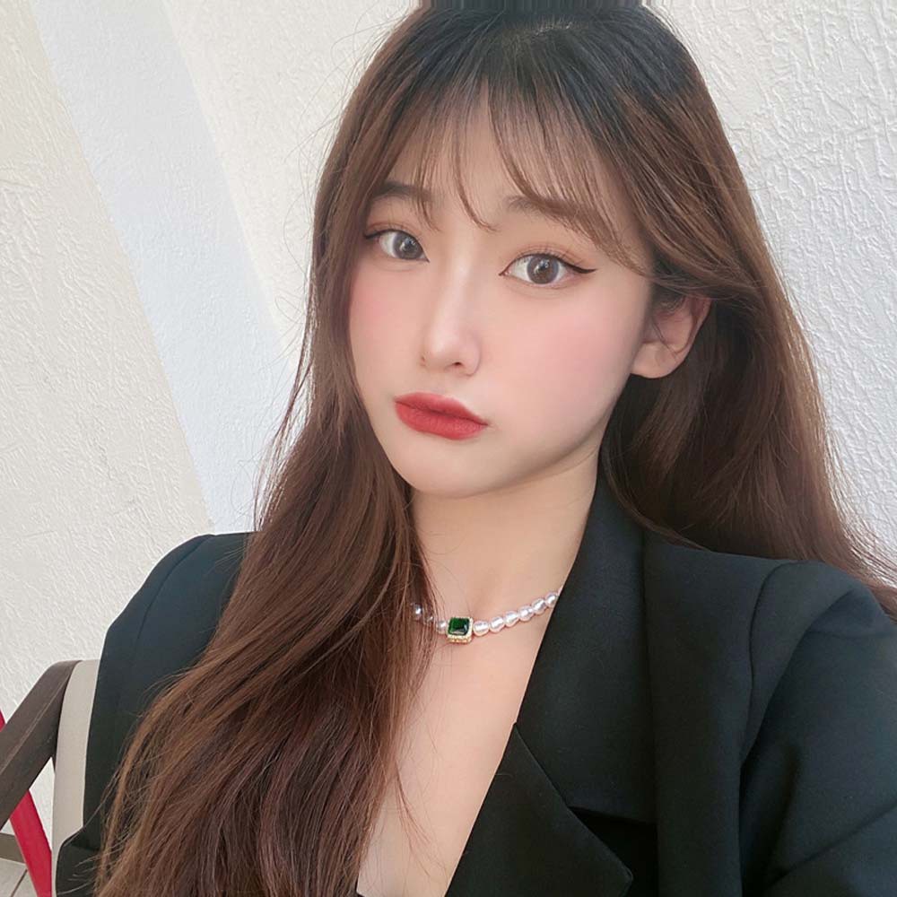 Vòng cổ choker/Vòng tay chuỗi ngọc trai xinh xắn đính đá vuông thủy tinh xanh lục hợp kim thanh lịch kiểu Hàn lãng mạn