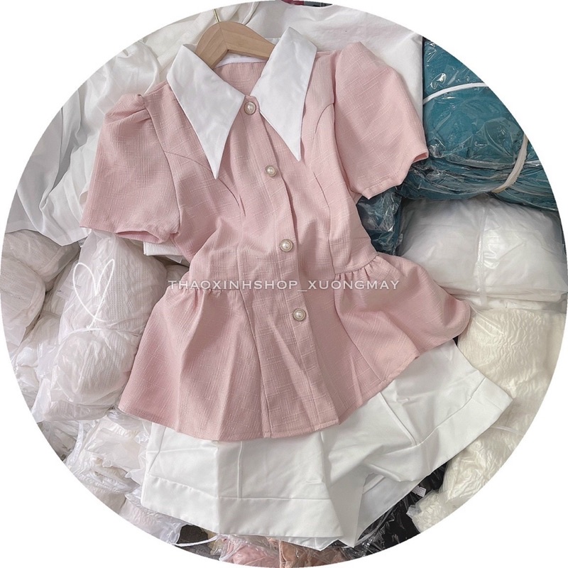 Set áo peplum dạ hồng + quần short trắng