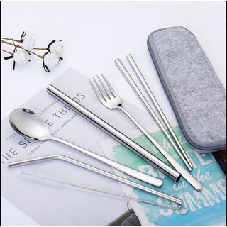 Set đũa thìa dĩa muỗng kèm ống hút inox 304 và hộp đựng lúa mạch thân thiện với môi trường