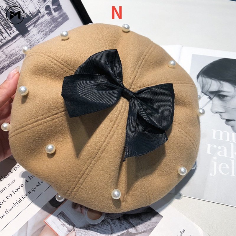 Mũ Beret Len Đính Nơ Ngọc Trai Phong Cách Lolita Nhật Bản