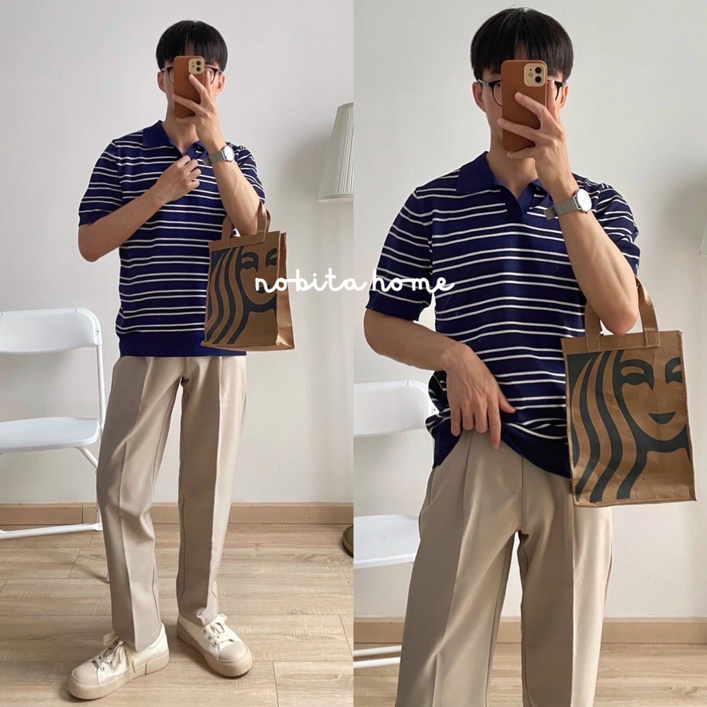NOOBITA - Áo thun polo dệt kim kẻ sọc 7742