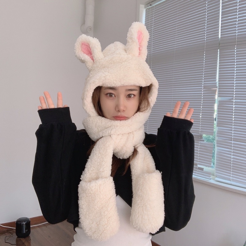 Bộ khăn kèm mũ, găng tay hình gấu thỏ cute nhiều màu/ sưt khăn mũ 3 in 1
