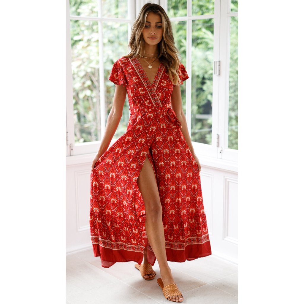 ❀ℳay-UK Womens V-Neck Floral Split Dress Boho Summer Beach Casual Long Sundress HUA