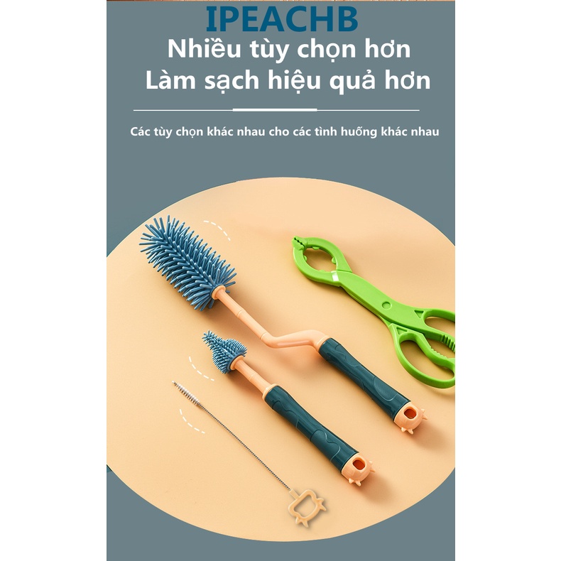 Bộ Cọ Rửa Bình Sữa Cho Bé Silicone Cao Cấp Tay Cầm Xoay 360 Độ tiện dụng (bộ 3 món)