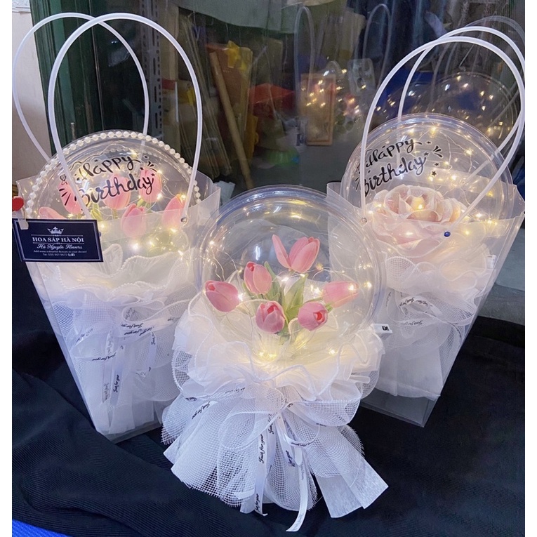 Quà tặng, bó bóng mĩ hoa tuylip , Sản phẩm y hình, bóng trong suốt bằng nhựa không xẹp hơi