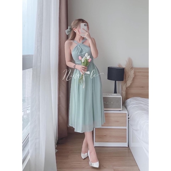 Đầm midi cổ yếm dây chéo quyến rũ, sang trọng