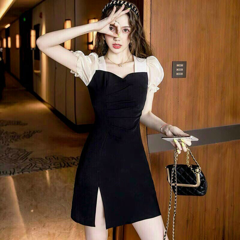 Gunkaymatter Đầm Nữ Dự Tiệc, Đầm Cổ Vuông Ôm Body Xẻ Tà Tay Phối Voan Kiếng Sang Chảnh,Chất Liệu Kate Phối Voan Kiếng