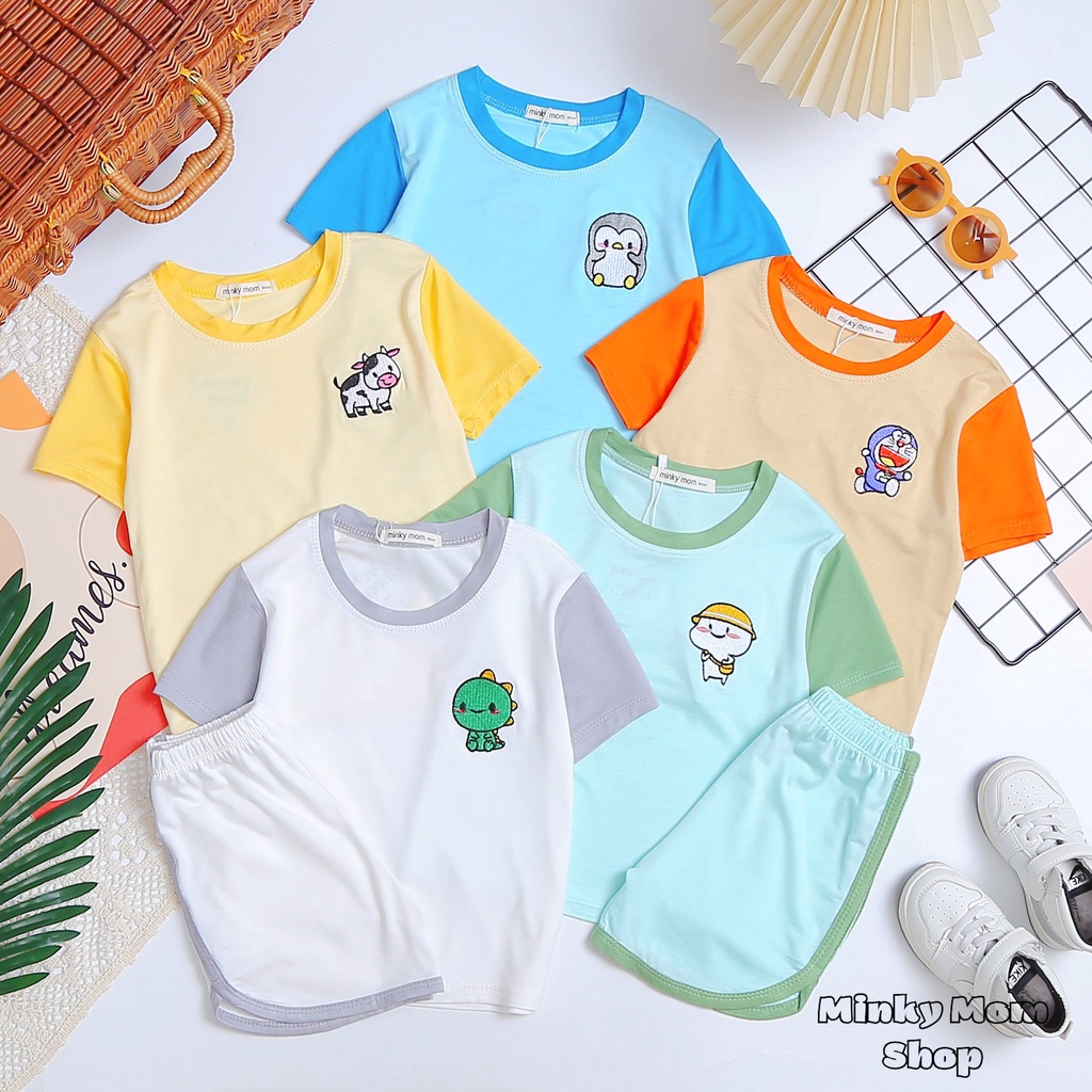[ Bé 7-18kg ] Bộ ngắn tay thun lạnh phối quần vát thêu hình Minky Mom cho bé trai bé gái