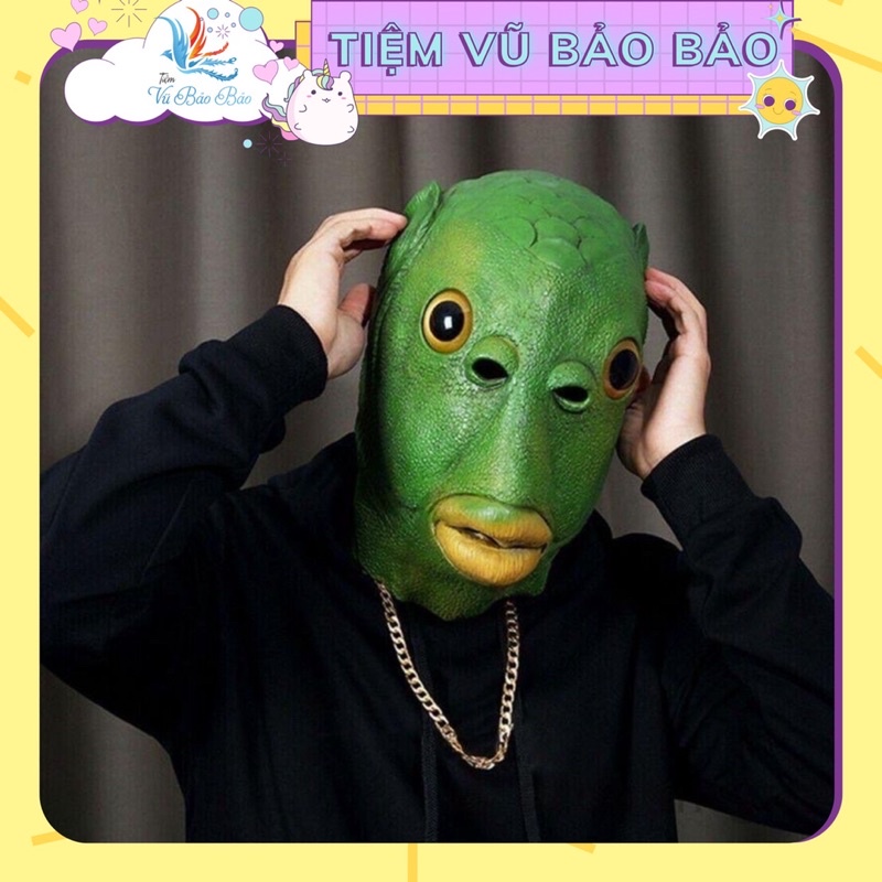 Mặt nạ rung hài hước vui nhộn dễ thương điêu khắc cá màu xanh lá cây đầu cá mặt nạ đội đầu